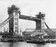 Tower Bridge in London, during its construction.jpg